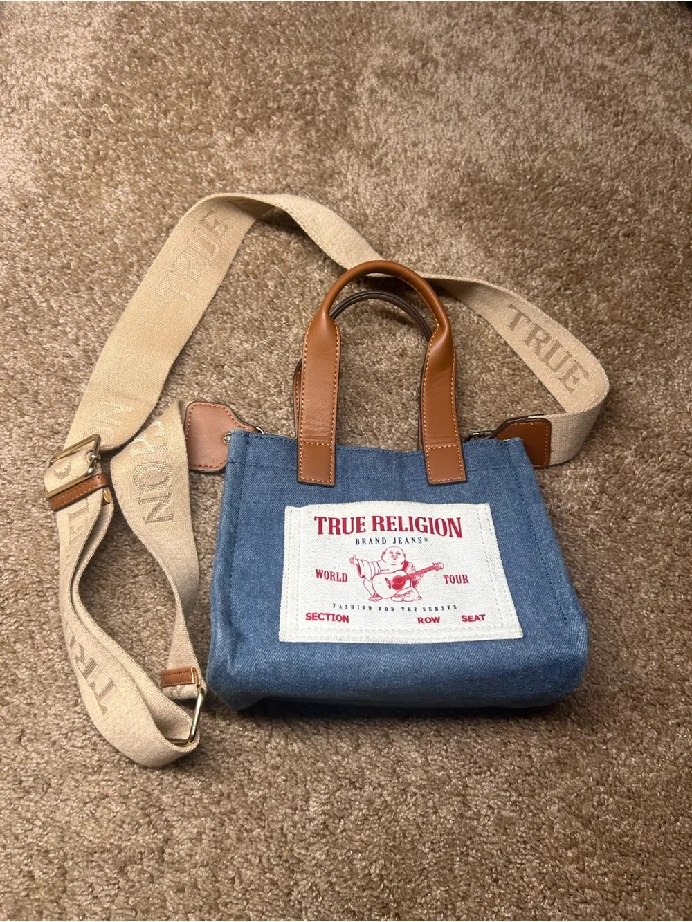 True Religion Blue Denim Mini Messenger Bag with Brown Leather Handles